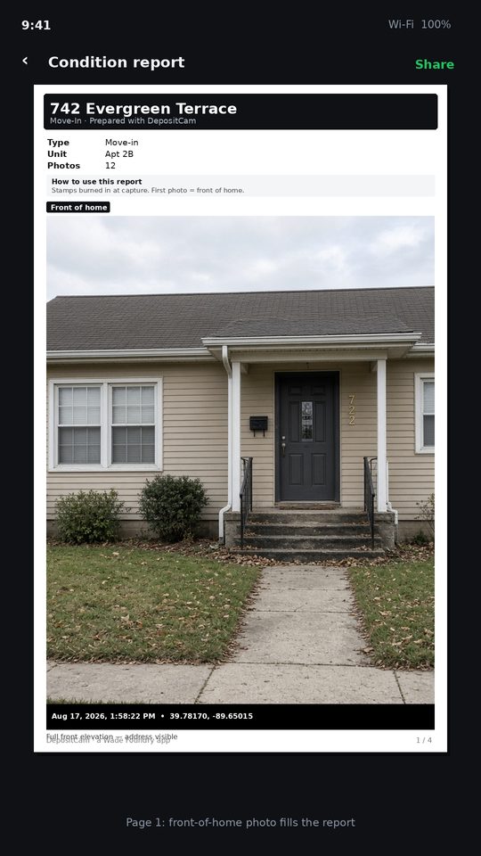 Condition report PDF showing the front of the home with the stamp on the photo