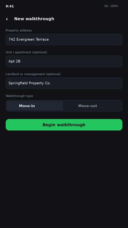 New walkthrough screen with the property address and a Begin walkthrough button